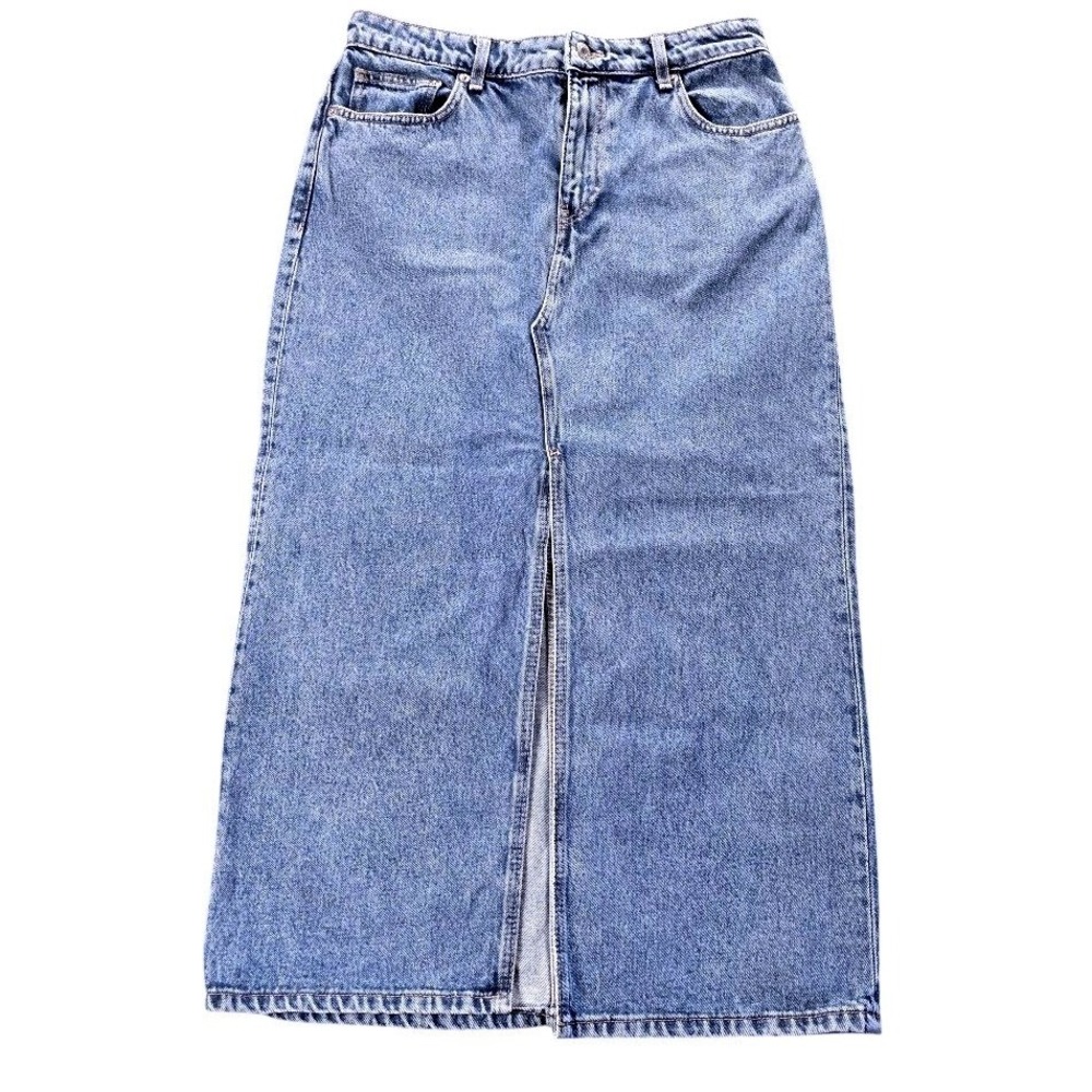 HM Blue Denim Maxi Skirt High Waisted Front Slit Medium Wash‎ Size 8 Womens